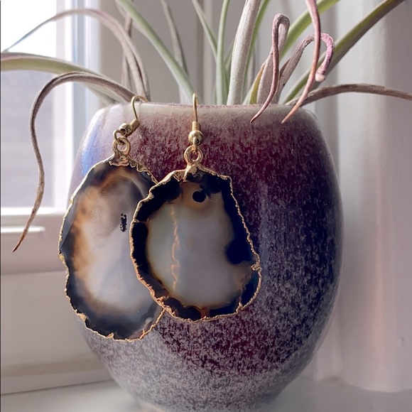 🔮HP🔮 Gold Agate Slice Earrings Natural Stone - Picture 1 of 7